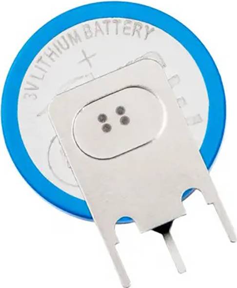 Kulatá modrá lithiová baterie s nápisem '3V Lithium Battery', částečně zakrytá kovovým držákem.