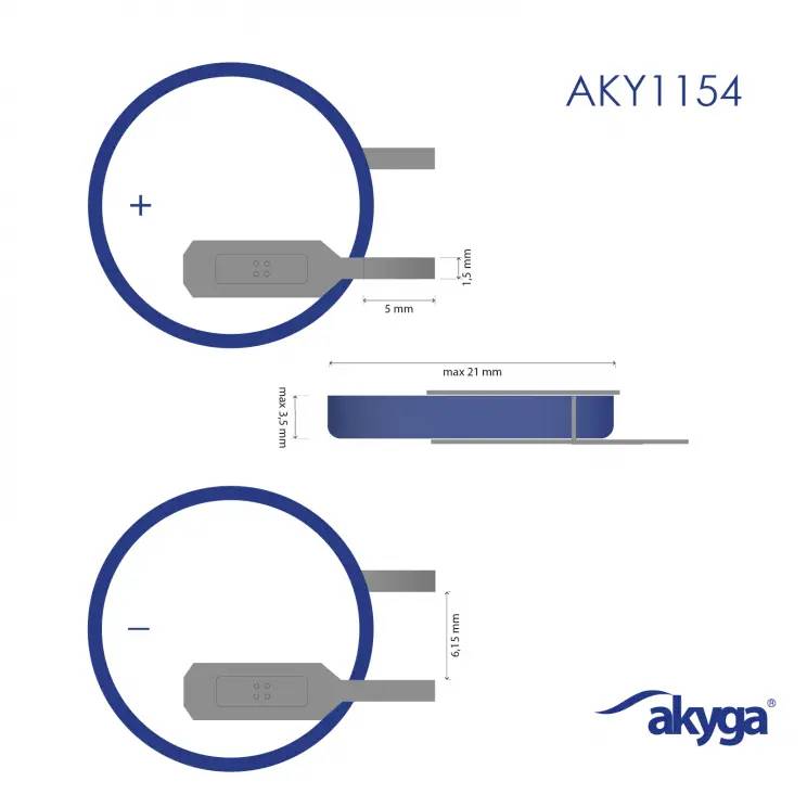 Technický výkres nabíječky Akyga AKY1154 s rozměry: průměr 55 mm, tloušťka 5 mm, délka kabelu 415 mm.