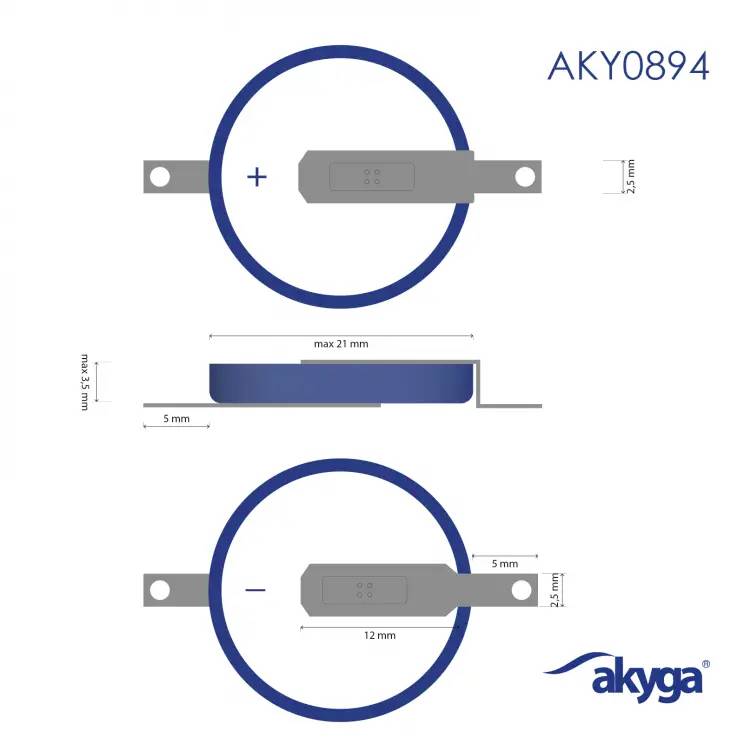 'AKY0894' Držák baterie, zobrazený shora a z boku s rozměry: maximálně 21 mm, tloušťka 2 mm, montážní otvory 5 mm. Značka 'akyga'.