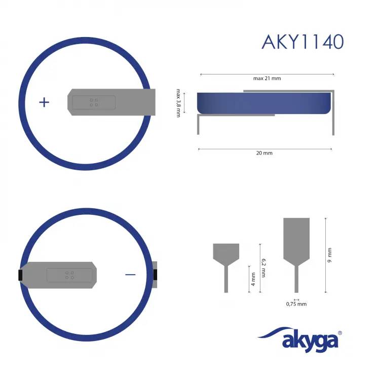 'Akyga AKY1140 Akku' na obrázcích. Nahoře: Rozměry 21x85 mm a 20 mm, kladný pól viditelný. Dole: Záporný pól viditelný, rozměry: 4 mm tloušťka, 9 mm šířka.