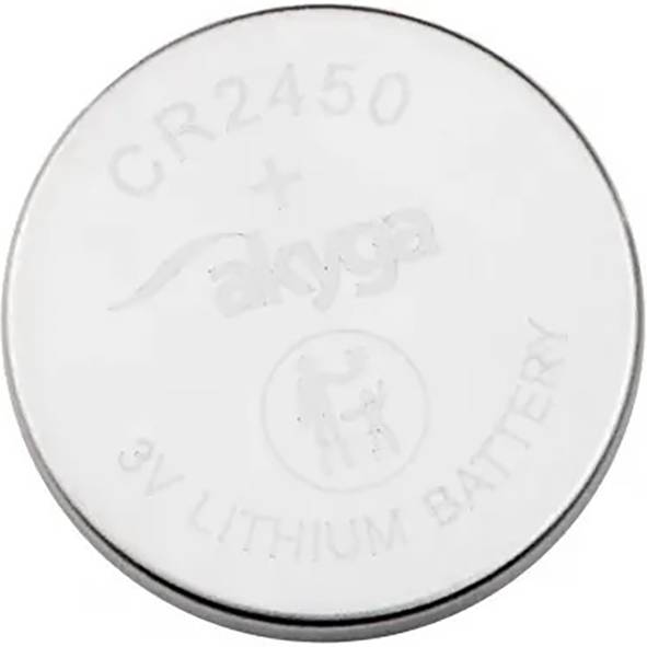 Stříbrná knoflíková baterie s nápisem 'CR2450 3V lithiová baterie' a značkou.