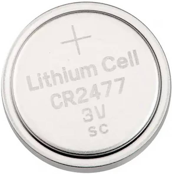 Kulatá lithiová knoflíková baterie s nápisem 'Lithium Cell CR2477 3V SC'.