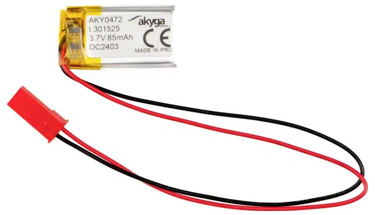Malý lithium-polymerový akumulátor od společnosti Akyga s kapacitou 85mAh a napětím 3,7V, vybavený červenými a černými vodiči. Vhodný pro malá elektronická zařízení.