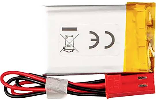 Lithium-polymerový akumulátor s červenými a černými kabely a konektory. Štítek zobrazuje symbol přeškrtnuté popelnice pro recyklaci.