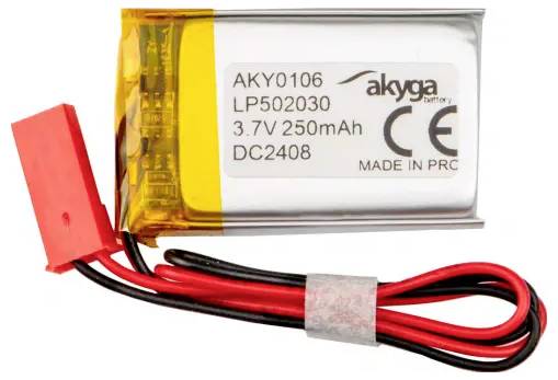 Akumulátor s nápisem 'AKY0106, LP502030, 3,7V 250mAh, DC2408, VYROBENO V ČLR', s červenými a černými vodiči a červeným konektorem.