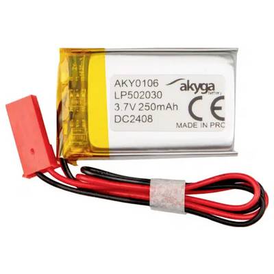 Akumulátor s nápisem 'AKY0106, LP502030, 3,7V 250mAh, DC2408, VYROBENO V ČLR', s červenými a černými vodiči a červeným konektorem.