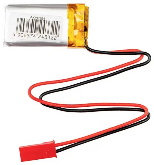 Malý lithium-polymerový akumulátor s červeným a černým kabelem, vhodný pro RC zařízení nebo elektronické aplikace.