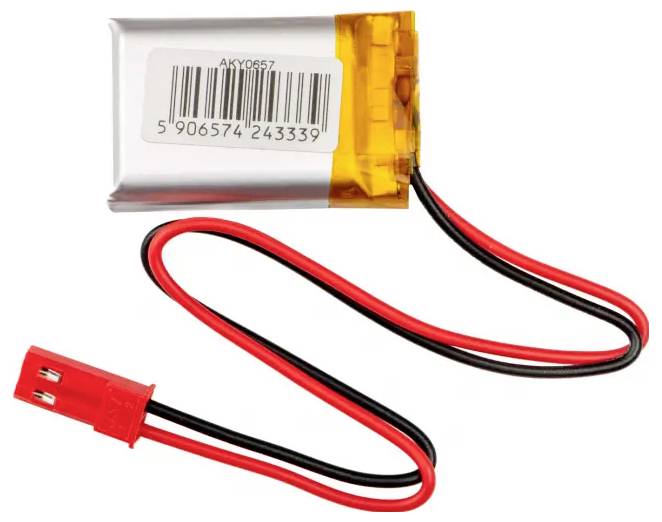 Lithium-polymerový akumulátor s červeným připojovacím kabelem a čárovým kódem, vhodný pro elektronická zařízení.