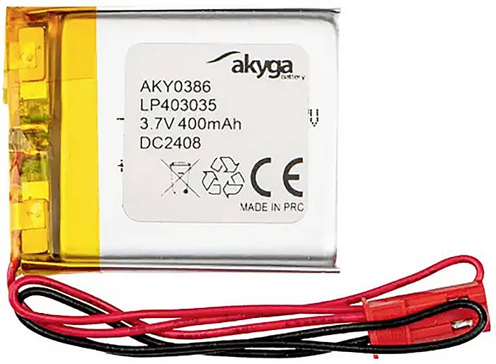 Lithium-polymerová baterie značky Akyga, model AKY0386, kapacita 400mAh, napětí 3,7V, včetně kabelového připojení.