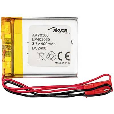 Lithium-polymerová baterie značky Akyga, model AKY0386, kapacita 400mAh, napětí 3,7V, včetně kabelového připojení.