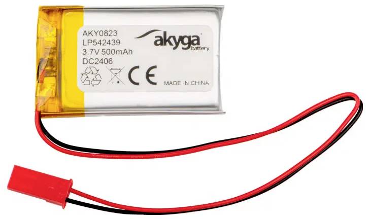 Obdélníková lithium-polymerová baterie s kabely a konektorem. Nápis: 'akyga battery', '3,7V 500mAh', 'MADE IN CHINA'.