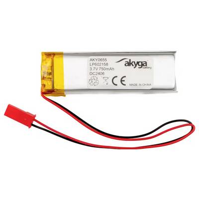 Malý obdélníkový lithium-polymerový akumulátor s napětím 3,7V a kapacitou 750mAh. Vybaven červeným a černým připojovacím kabelem.