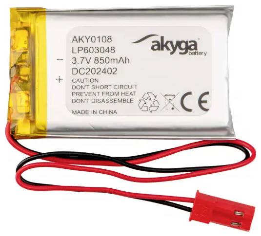 Akumulátor 'Akyga', model AKY0108, 3,7V, 850mAh. Bezpečnostní upozornění: Zabraňte zkratu, chraňte před teplem. Vyrobeno v Číně.