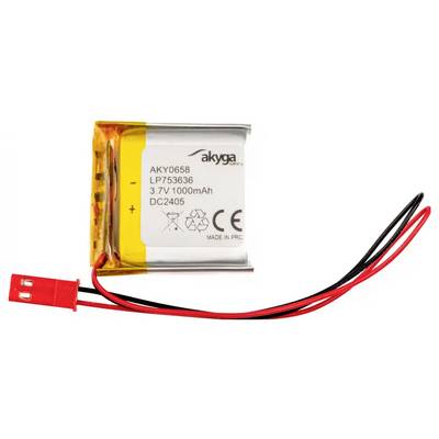 Obdélníková lithium-polymerová baterie s označením 'AKY0658 LP753636 3,7V 1000mAh' se dvěma vyčnívajícími vodiči.