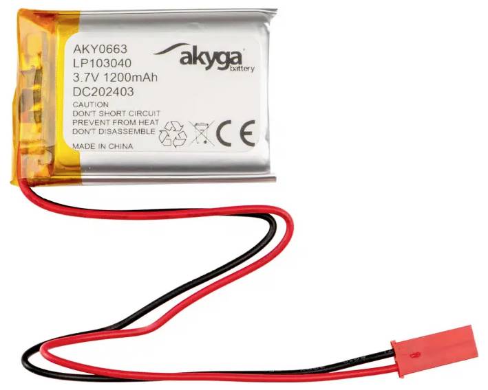 Lithium-polymerový akumulátor od Akyga s napětím 3,7V a kapacitou 1200mAh. Varování: Zabraňte zkratu, chraňte před teplem, nerozebírejte. Vyrobeno v Číně.