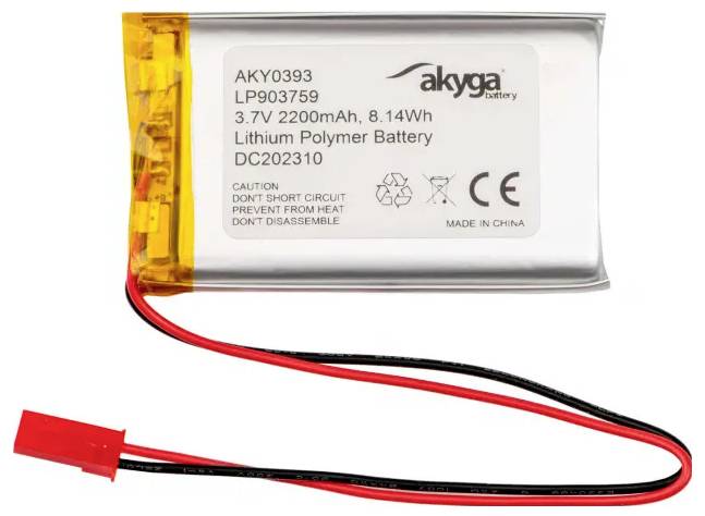 Lithium-polymerový akumulátor s kapacitou 2200mAh a 8,14Wh. Nápis varuje před zkratem a teplem. Vyrobeno v Číně.