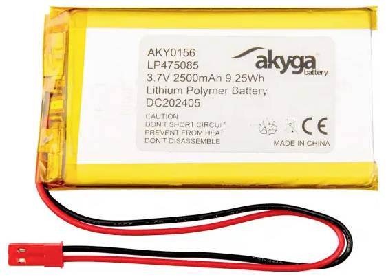 Lithium-polymerový akumulátor od Akyga, modelové číslo AKY0156, 3,7V, 2500mAh. Bezpečnostní upozornění: Chraňte před zkratem, nevystavujte teplu, nerozebírejte.