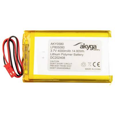 Lithium-polymerová baterie s nápisem: 'AKY0580, LP805080, 3,7V, 4000mAh, 14,80Wh.' Červený a černý kabel.