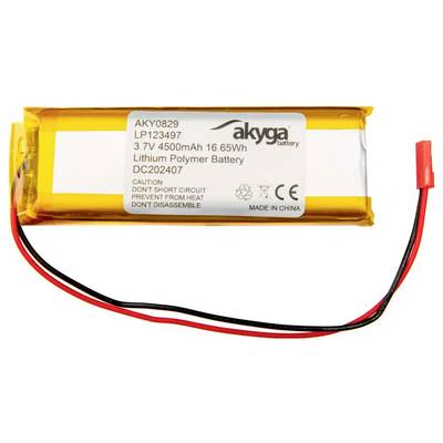 Lithium-polymerový akumulátor od Akyga s kapacitou 4500mAh, 16,65Wh, 3,7V. Pozor: Zabraňte kontaktu s teplem, chraňte před zkratem a nerozebírejte.
