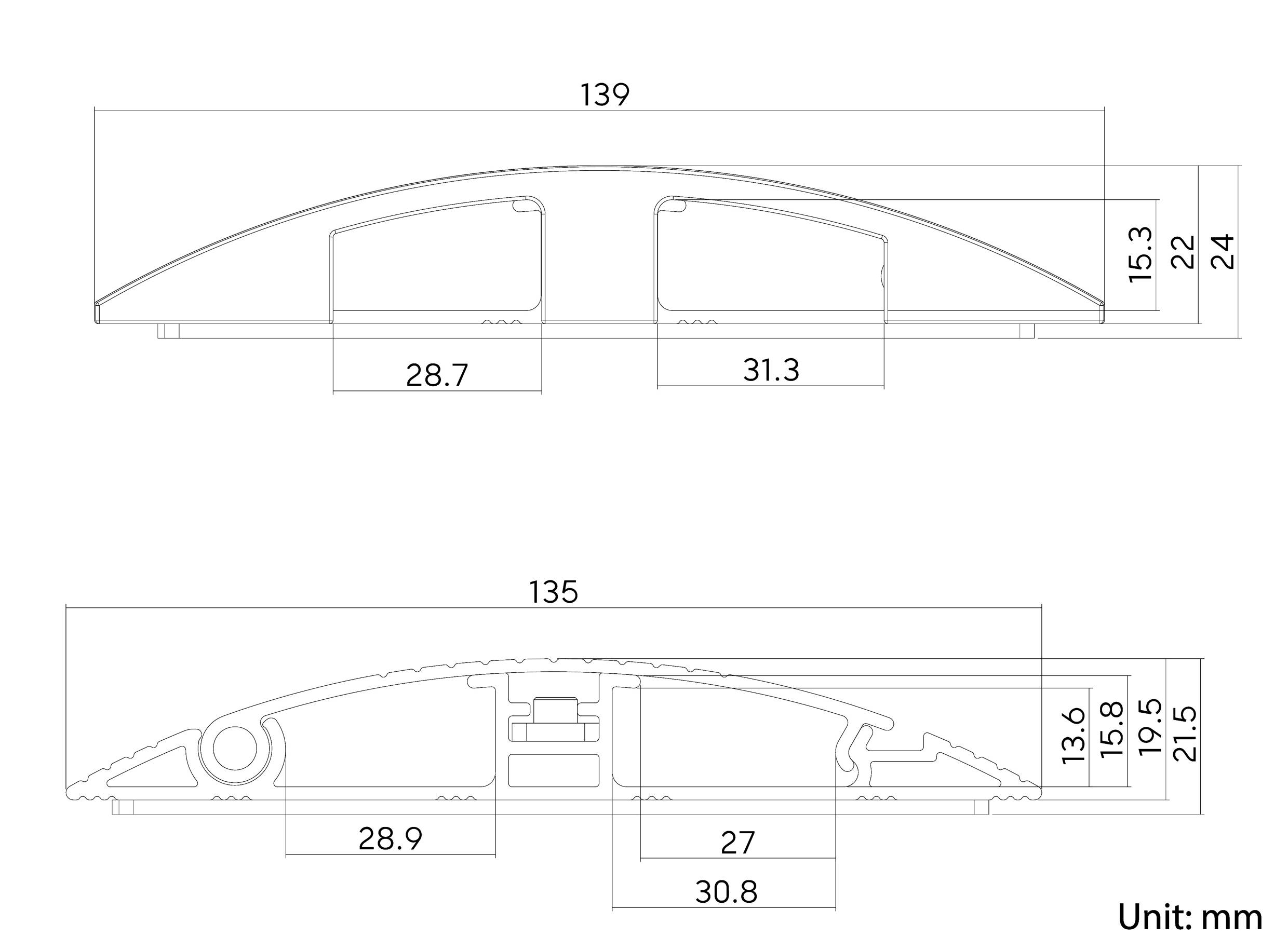 Schematický nákres příčně uloženého automobilového dílu o rozměrech 139 mm šířky a 24 mm výšky nahoře, 135 mm šířky a 21,5 mm výšky dole. Jednotka měření: mm.