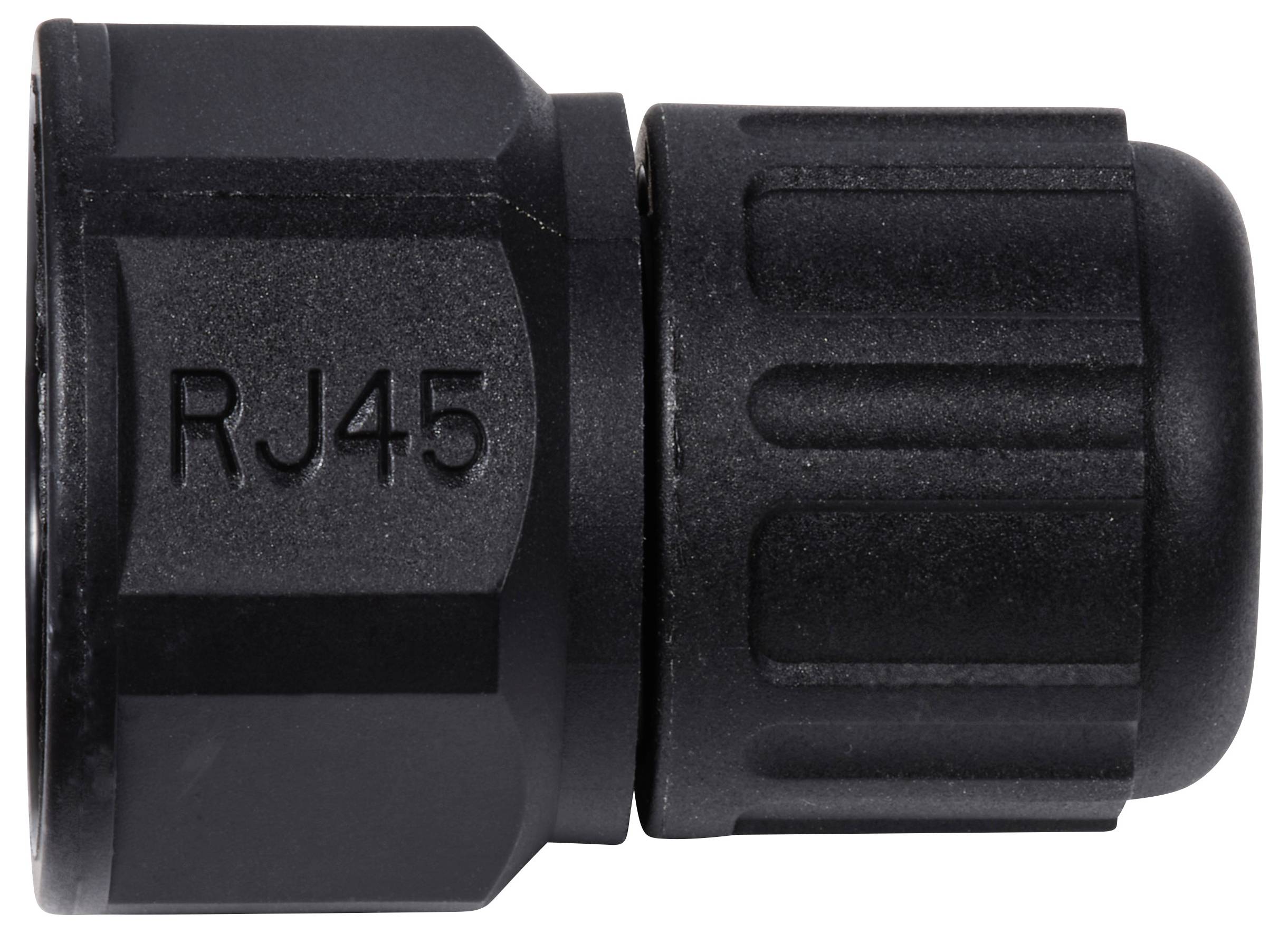 Černý konektor RJ45 používaný pro ethernetové připojení.