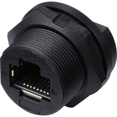 Černý, kulatý RJ45 ethernetový port, zobrazený z boku. Vhodný pro bezpečné připojení síťových kabelů v zařízeních.