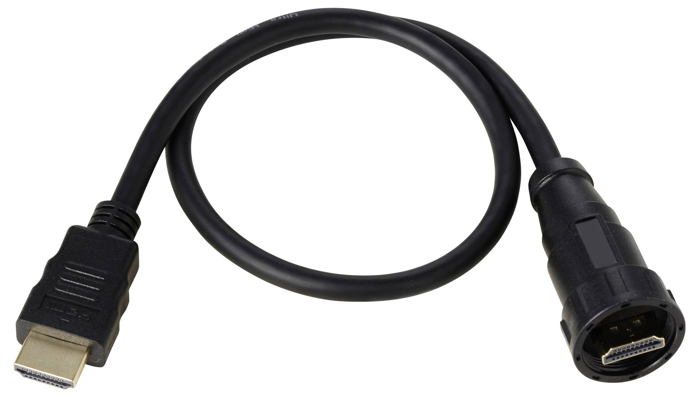 Černý adaptérový kabel s HDMI konektorem a jiným kulatým konektorem, vhodný pro propojení různých zařízení.