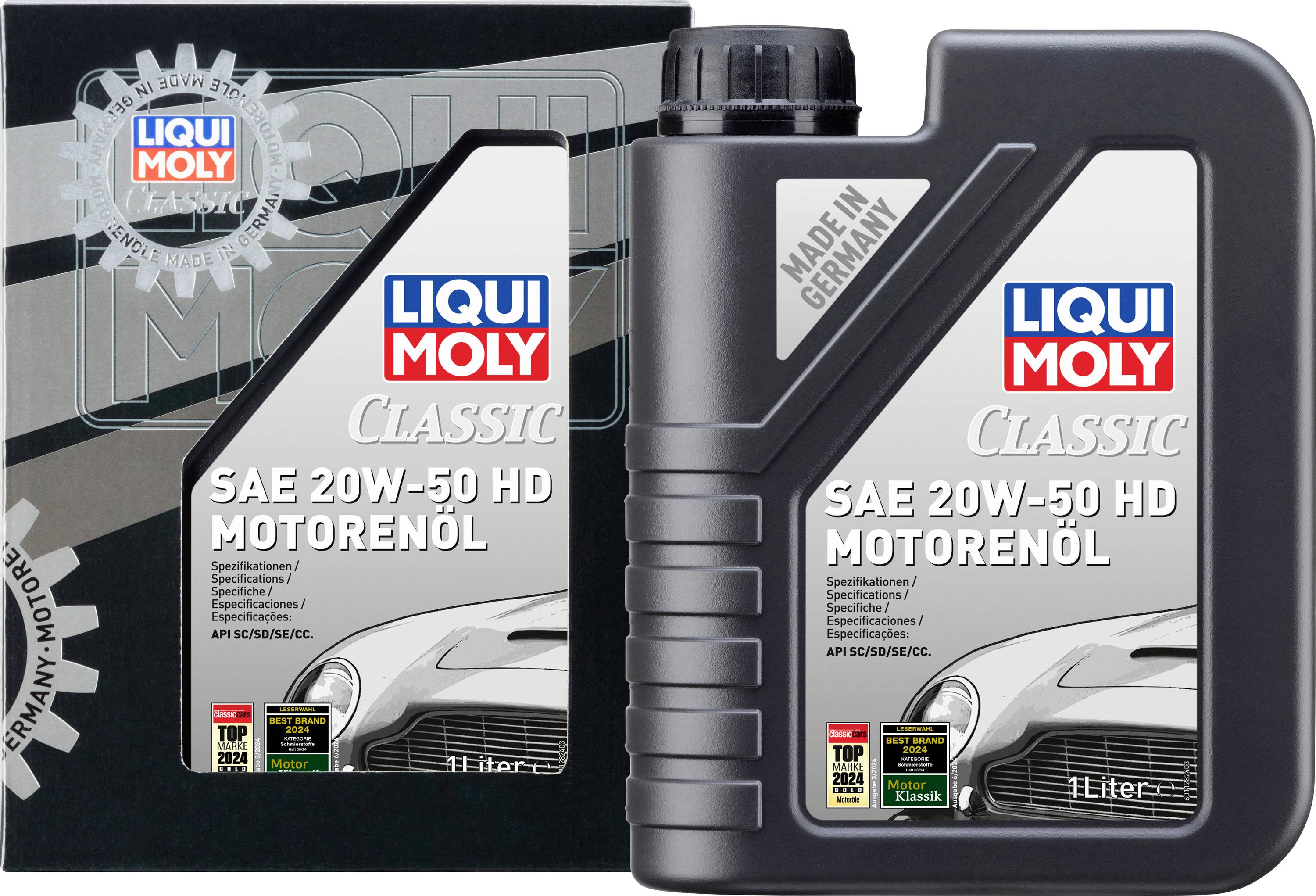Motorový olej LIQUI MOLY Classic SAE 20W-50 HD v černé lahvi. Olej je vhodný pro klasická auta a má na etiketě obrázek veterána.