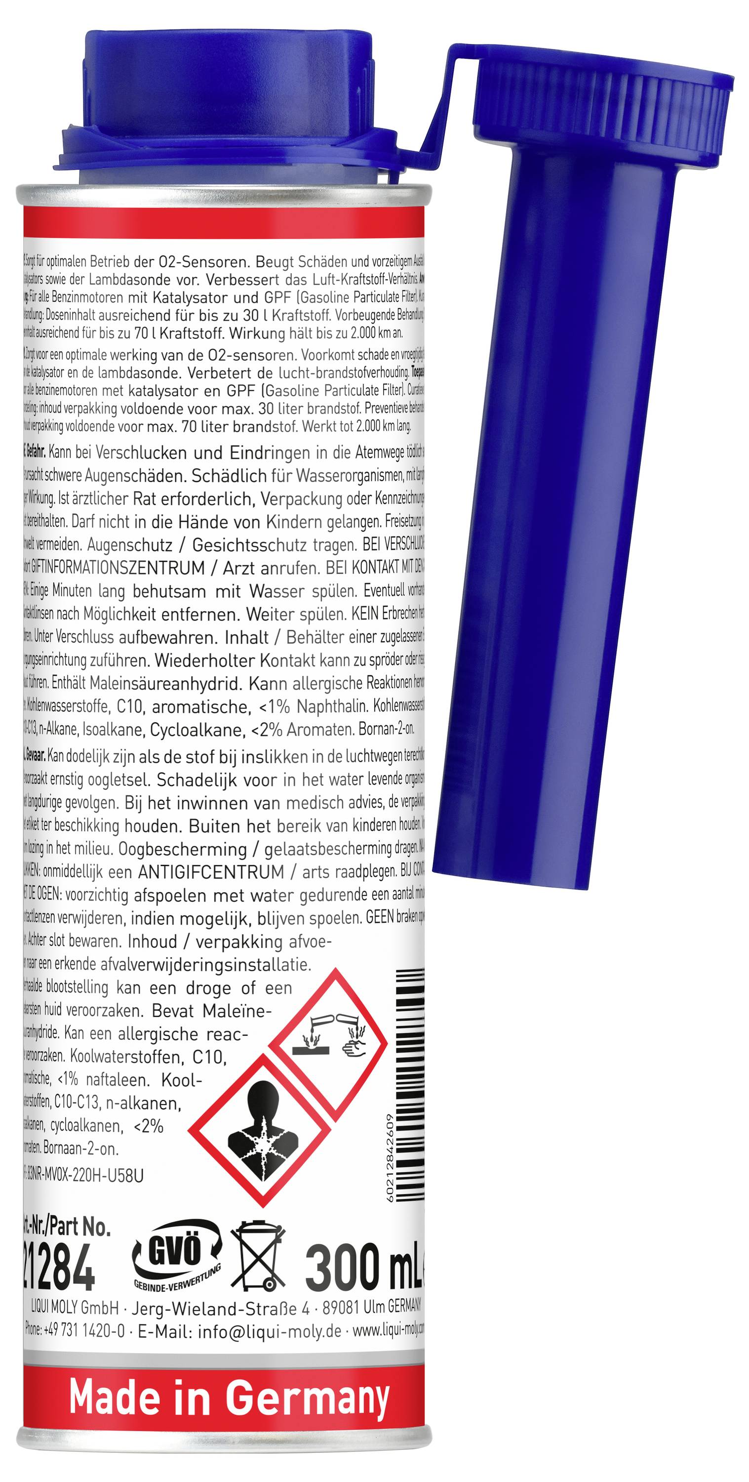 Modrý lékařský vzorkovací kontejner se zašroubovacím uzávěrem a připojenou utěsněnou trubicí, označený v němčině s nebezpečnými symboly a kapacitou "300 ml".