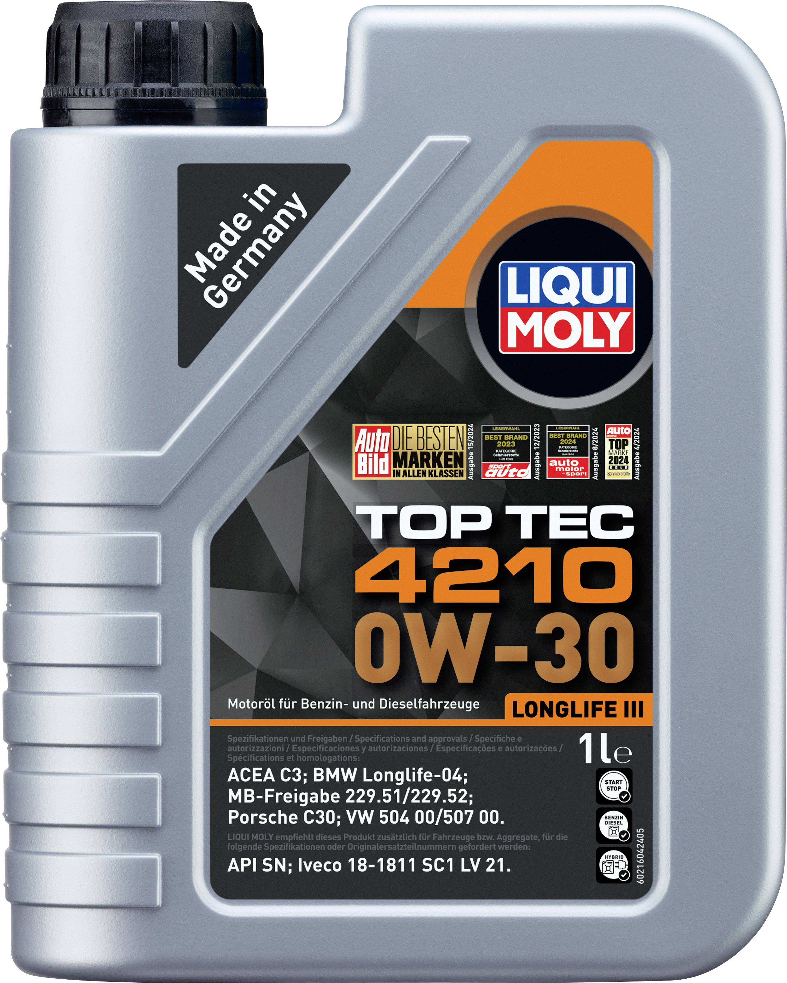 Kanystr motorového oleje s nápisem 'Liqui Moly Top Tec 4210 0W-30'. Vyrobeno v Německu, vhodné pro benzínová a naftová vozidla.