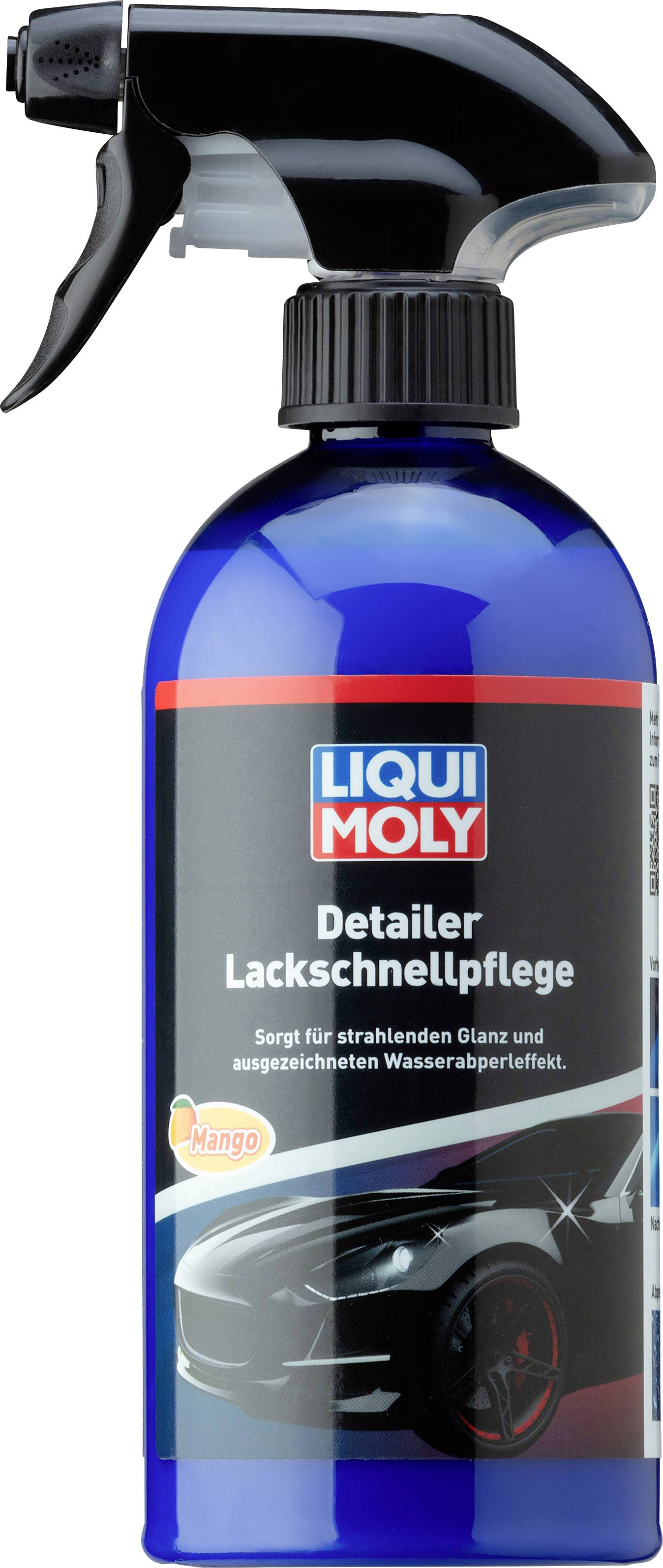 Modrá láhev Liqui Moly Péče o lak se sprejem, značky 'Detailer Rychlá péče o lak', zajišťuje lesklou ochranu laku.
