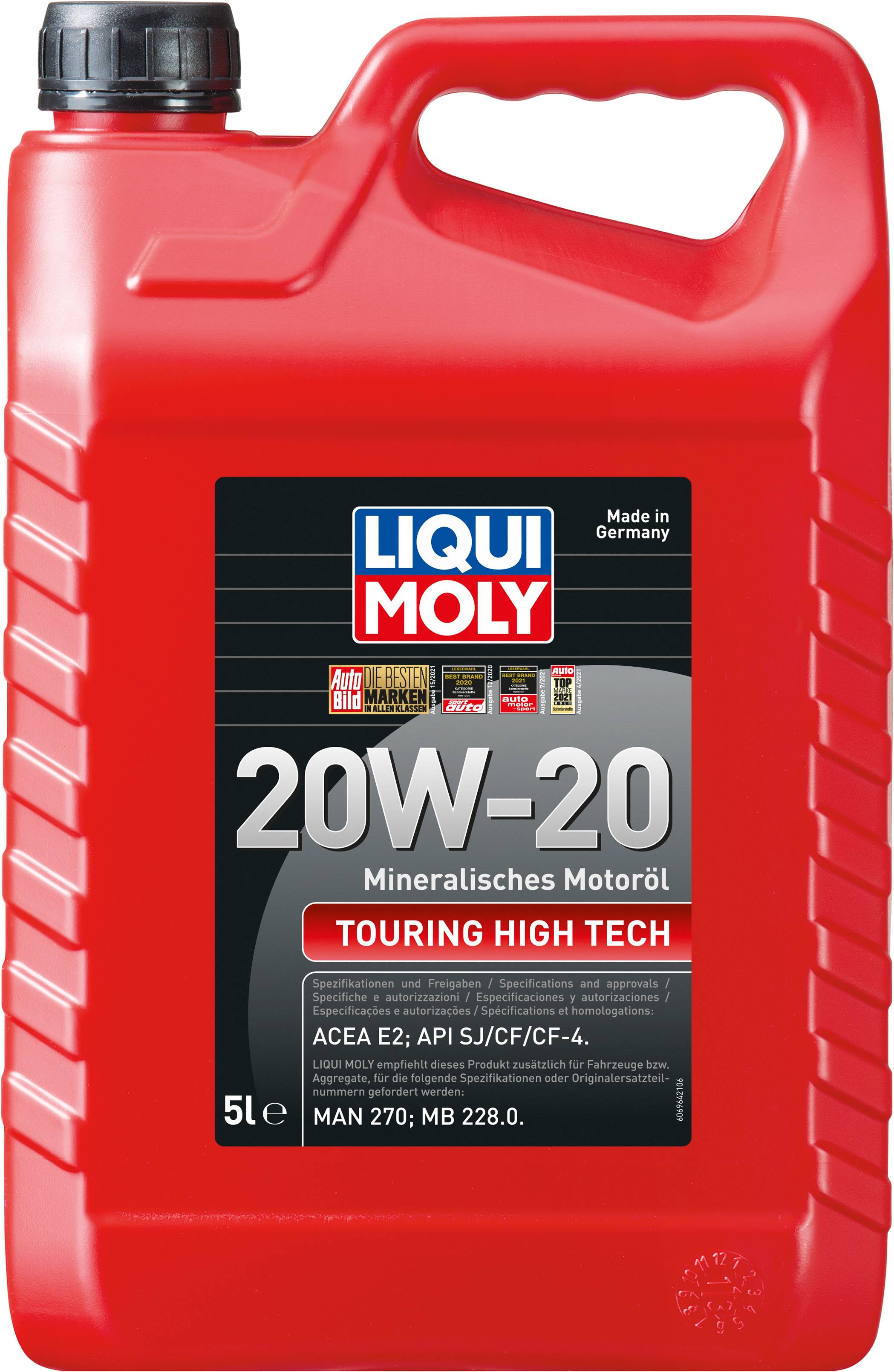Červený kanystr s 5 litry minerálního motorového oleje 'Liqui Moly' 20W-20, vhodný pro jízdy, API SJ/CF/CF-4, ACEA E2, vyrobeno v Německu.