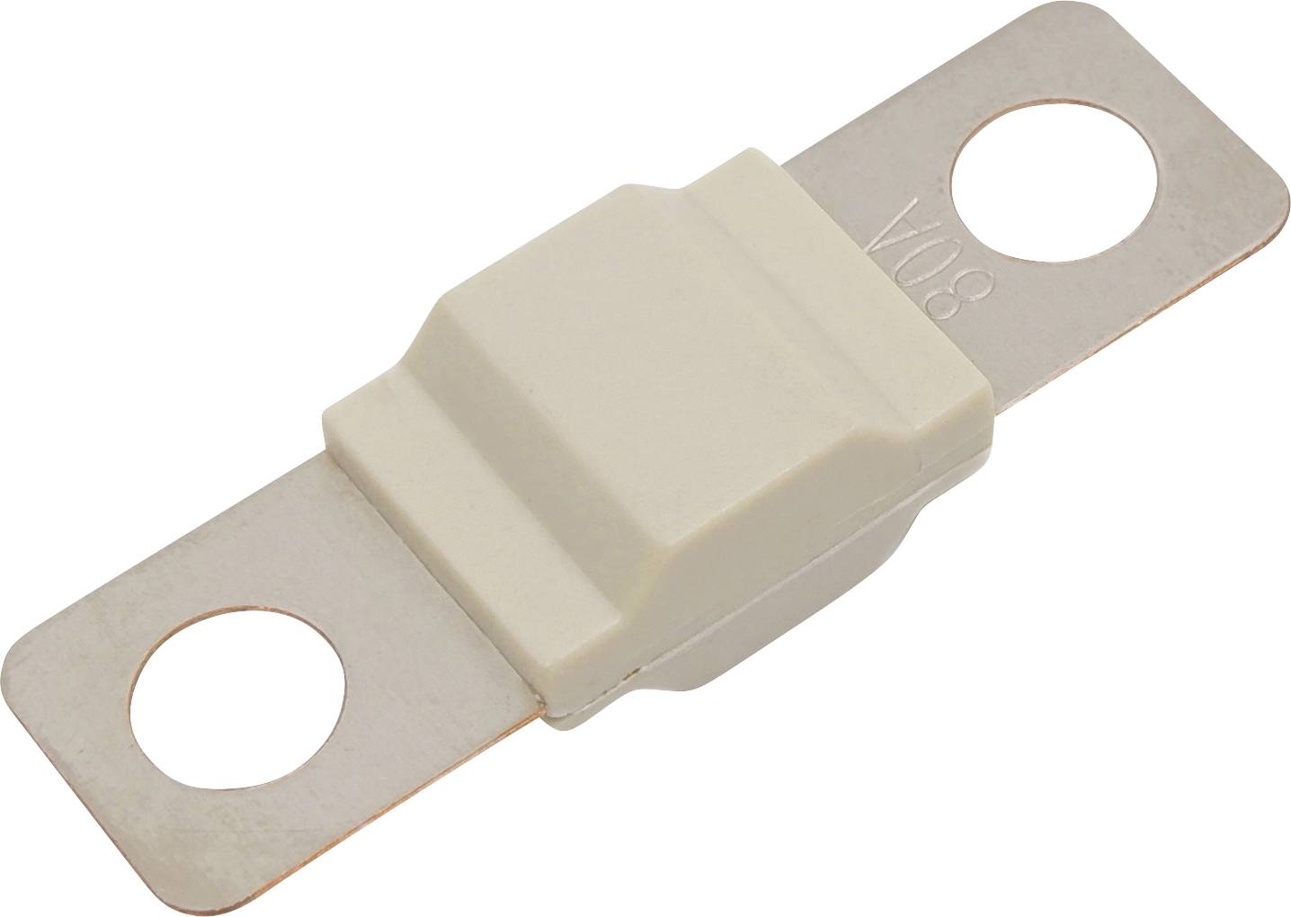 Bílý jistič s kovovými koncovkami a bočními otvory pro upevnění v elektrickém systému.