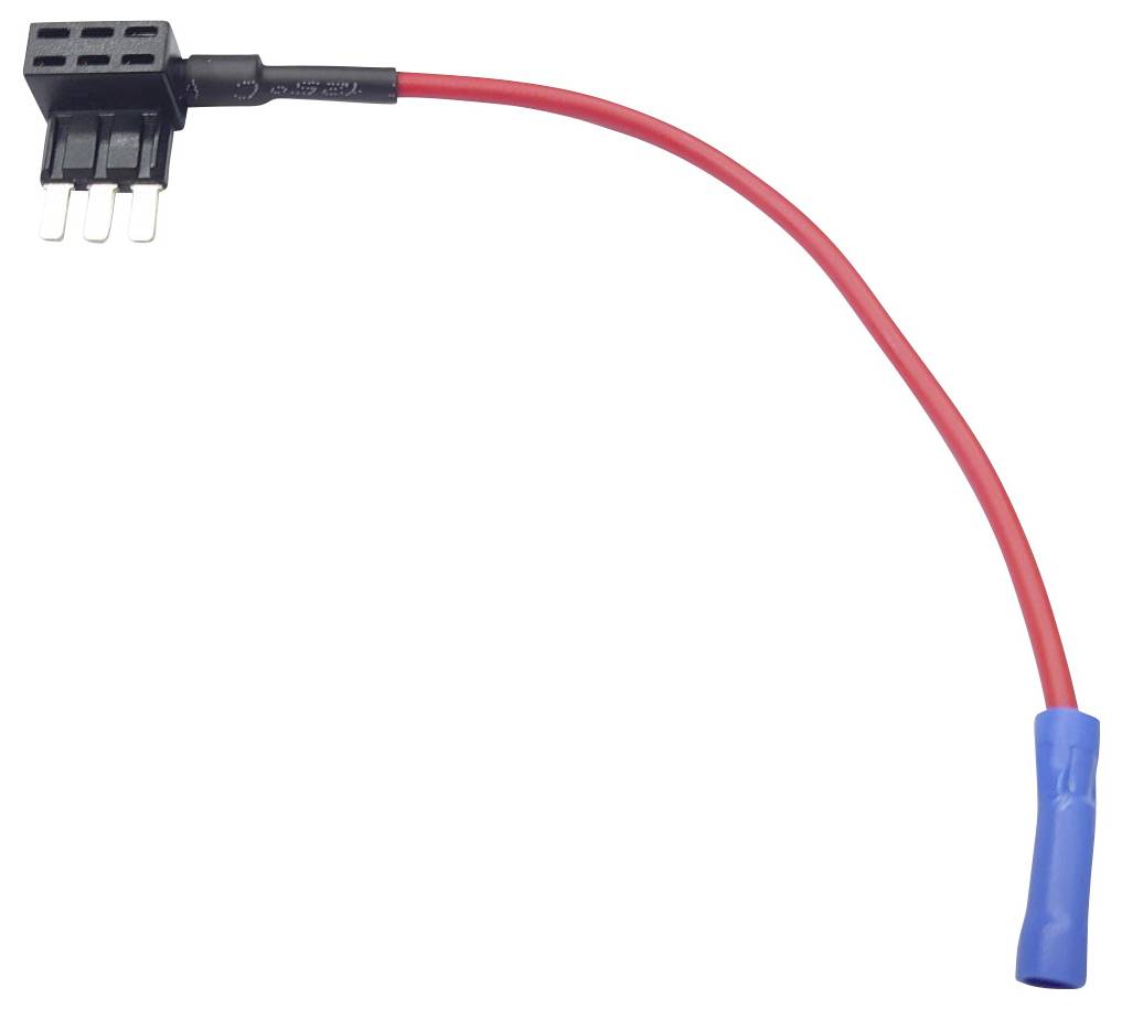 Červený kabel s modrým izolačním obalem na jednom konci a černou třípólovou koncovkou na konci druhém.