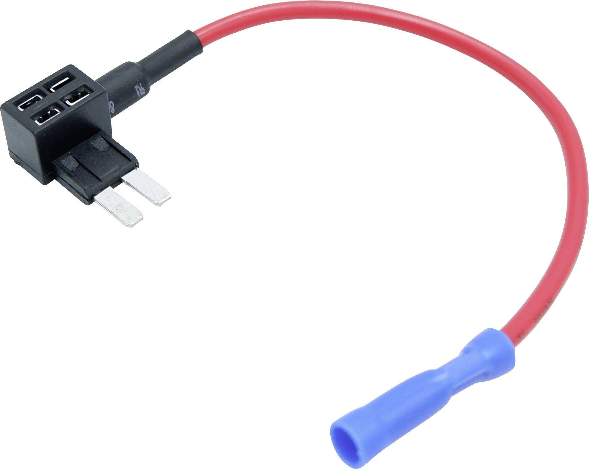Červený adaptérový kabel s černým dvojitým držákem pojistek a modrým konektorem na konci.