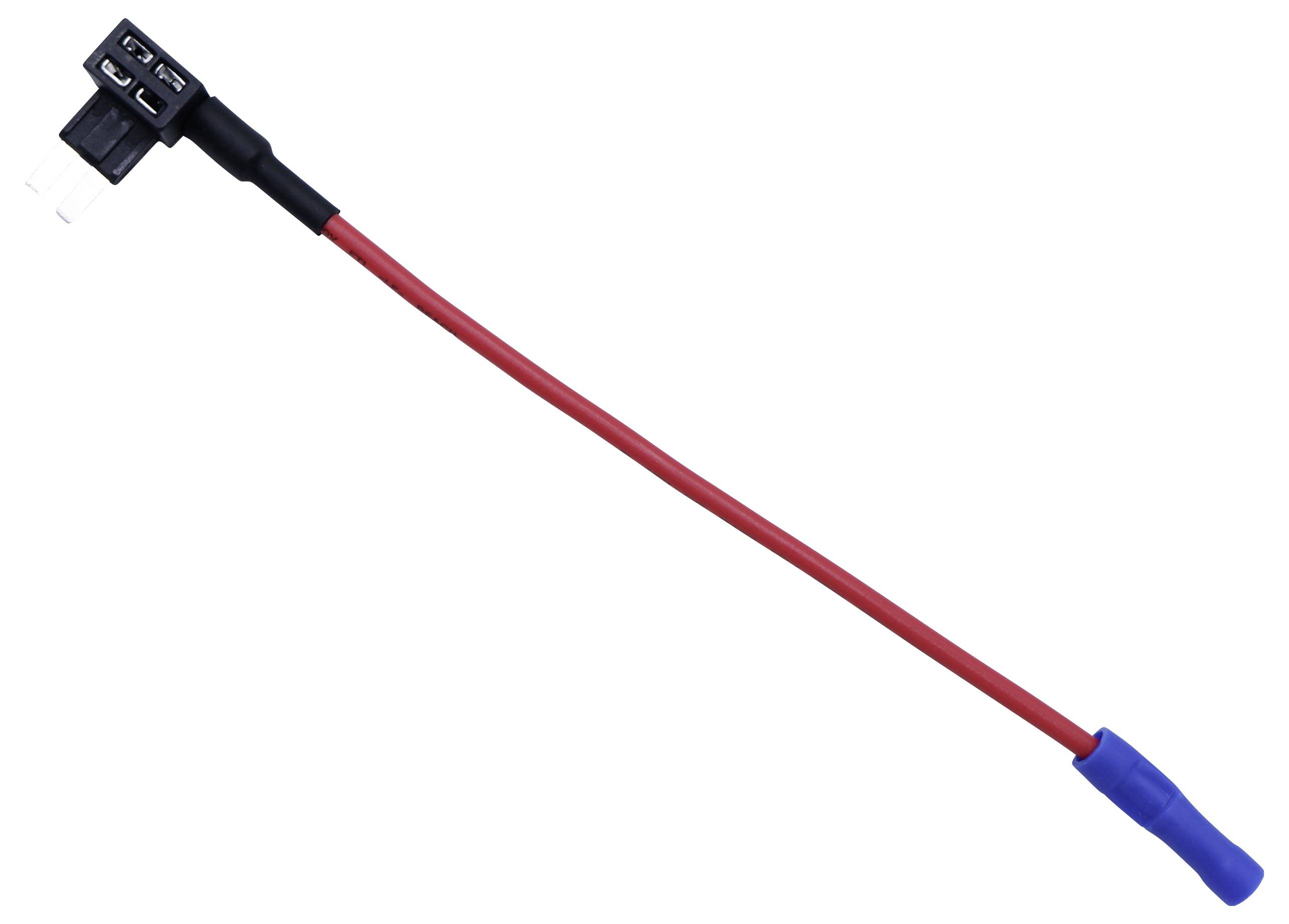 Červený kabel s držákem pojistky a pojistkou na jednom konci na bílém pozadí.