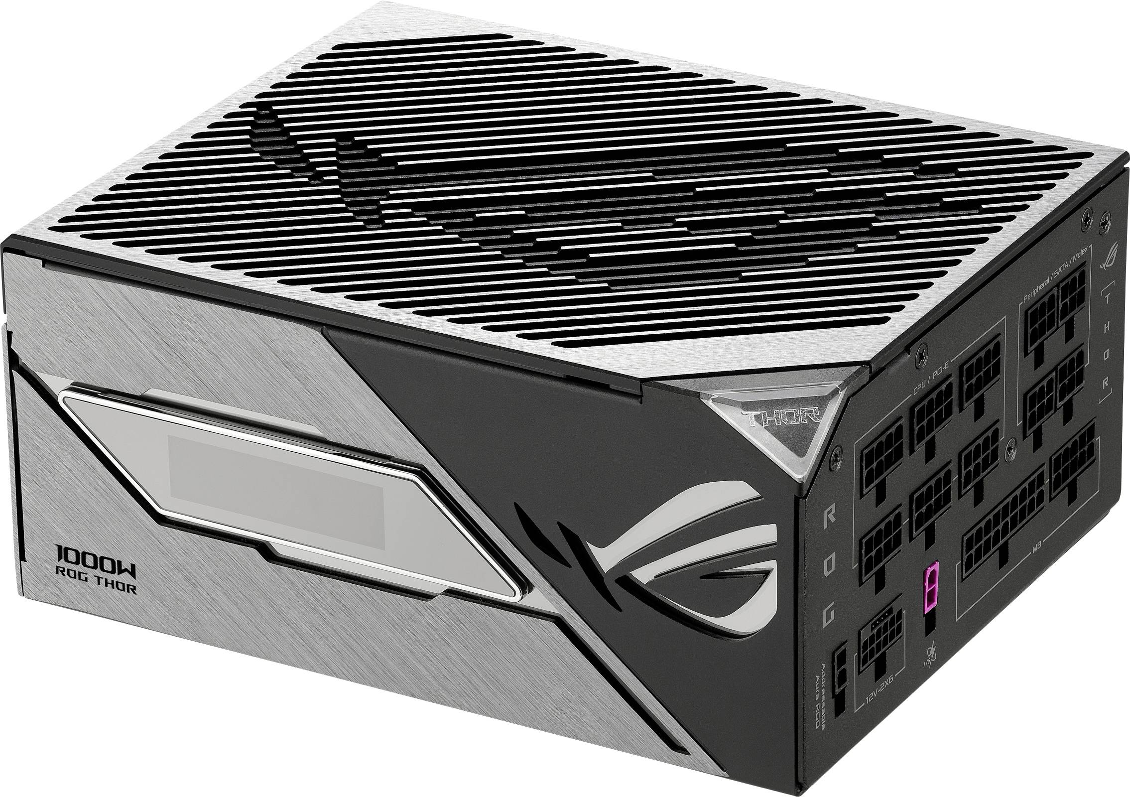 Napájecí jednotka s otevřenou stranou, zobrazující větrací mřížku a početné konektory pro správu kabeláže. Důraz na design.