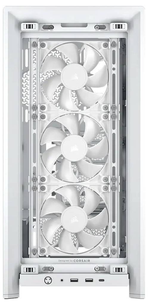 Bílý počítačový kryt pohledem zepředu se třemi ventilátory umístěnými nad sebou, USB a audio porty v dolní části.