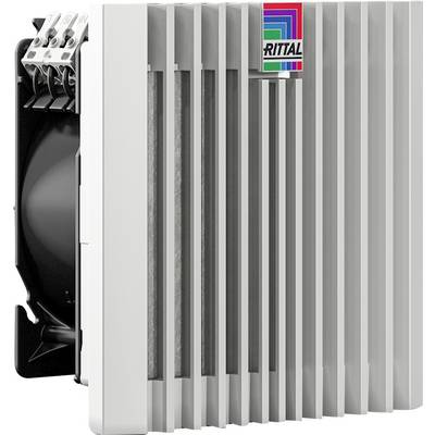 Bílý elektrický ventilátor se svislými lamelami, pohled z boku, s logem Rittal v pravém horním rohu. Určený pro větrání rozvaděčů.