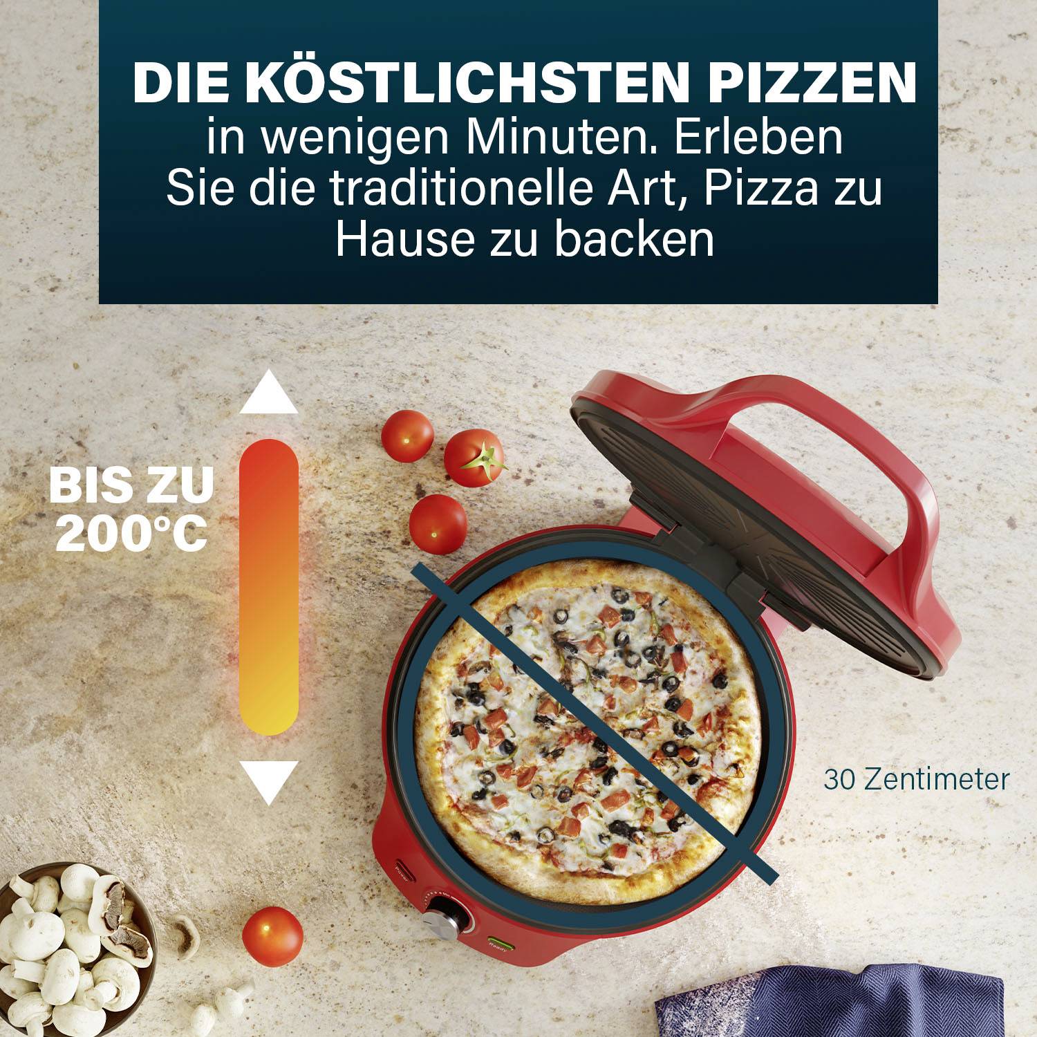 Pizzová pec do 200°C. Pečení tradiční pizzy doma. Produkt zobrazen vedle surovin. Průměr: 30 cm.