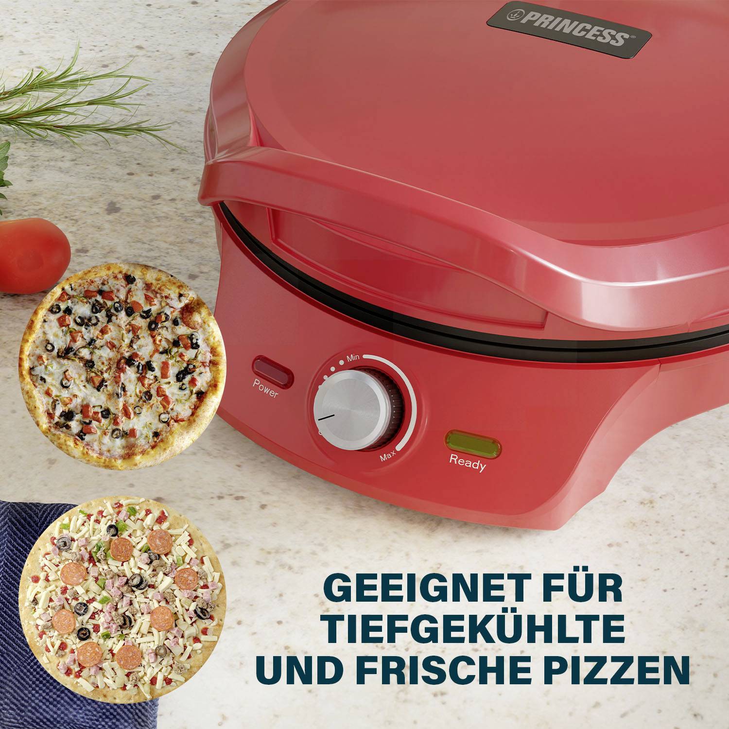 Červená pizzová pec s regulátorem teploty; vhodná pro zmrazené i čerstvé pizzy.