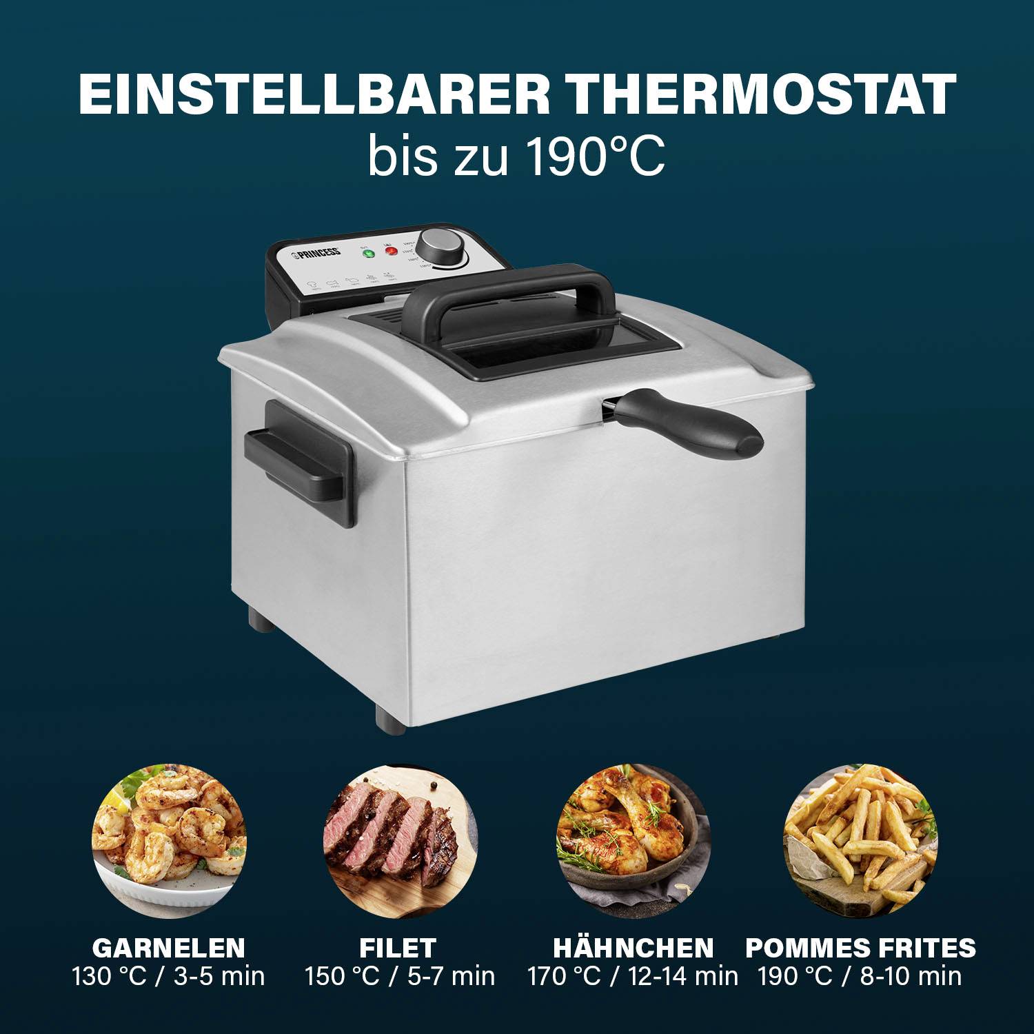 Nerezová fritéza s nastavitelným termostatem do 190°C. Níže jsou uvedeny doby přípravy pro krevety, filé, kuřecí maso a hranolky.