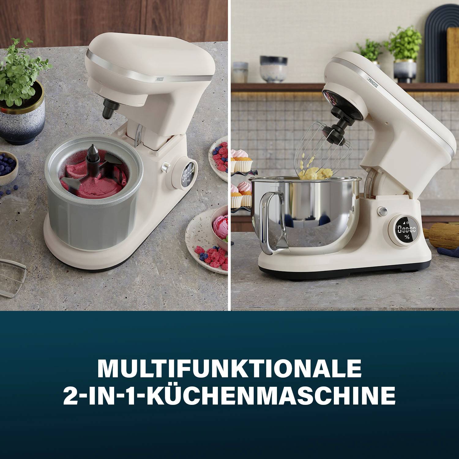 Krémový 2v1 kuchyňský robot s funkcí míchání a mixování, obklopený čerstvými ingrediencemi, jako jsou jahody a máta.