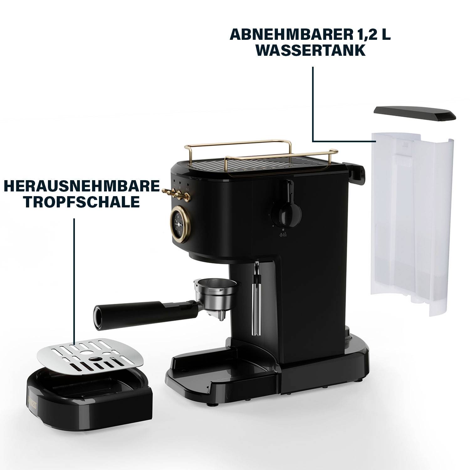 Černý espresso kávovar s odnímatelnou 1,2l nádržkou na vodu a odkapávací miskou.
