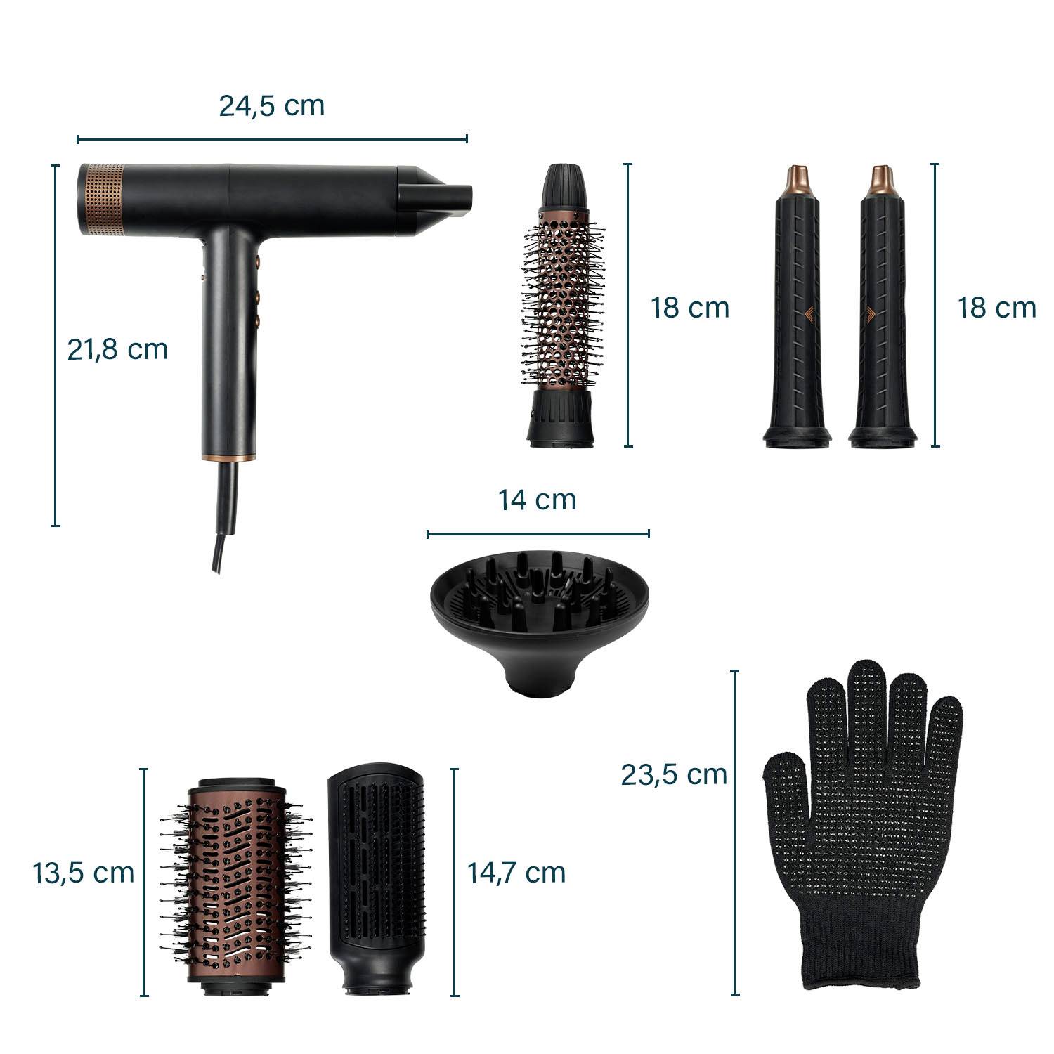 Fén 'Princess Airstyler Pro' položený na koupelnové desce vedle umyvadla a krabice s fialovým vnitřním potahem. Produkty jsou zapojené.