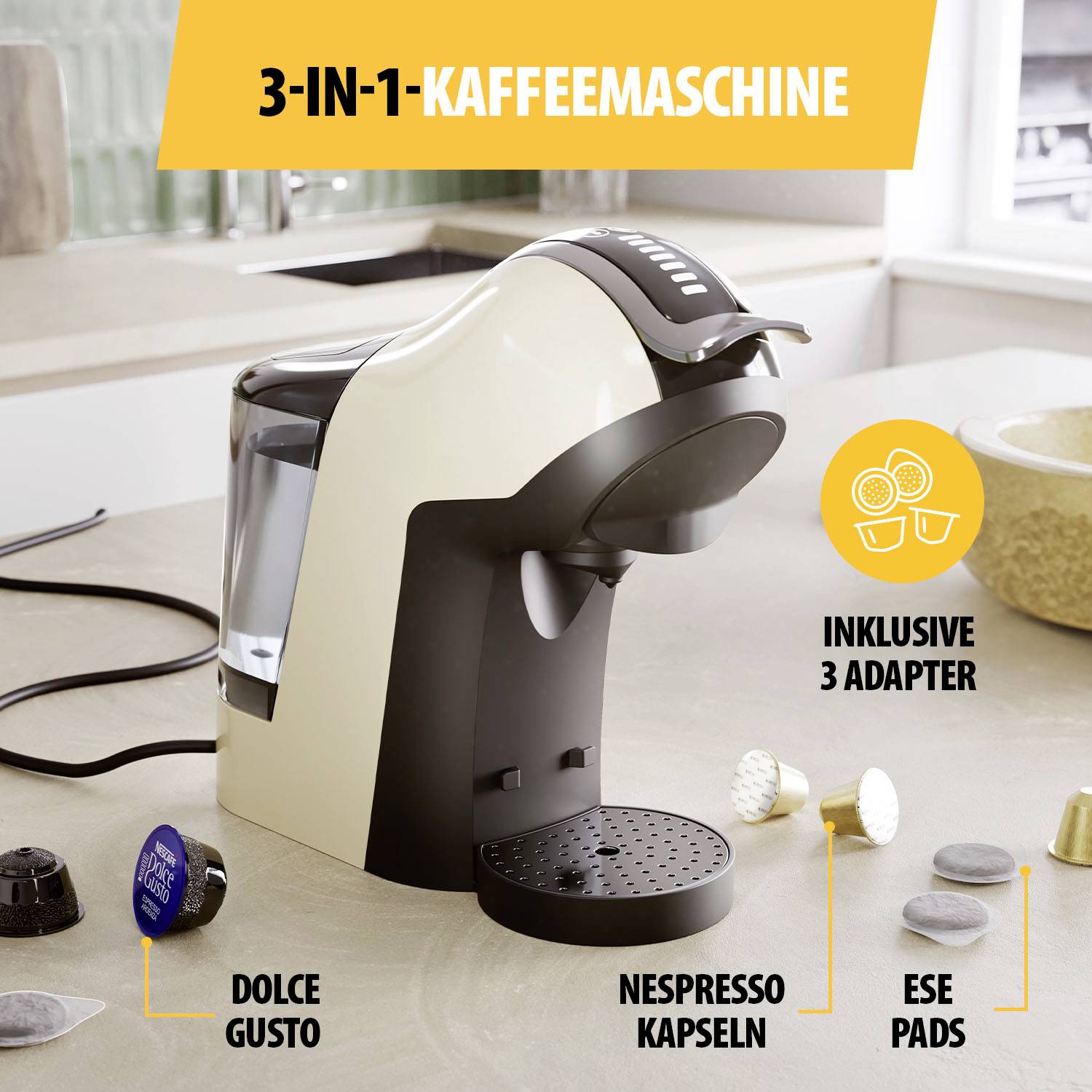 Kávovar 3 v 1 s adaptéry pro Dolce Gusto, Nespresso a ESE pods. Ideální pro všestranný požitek z kávy.