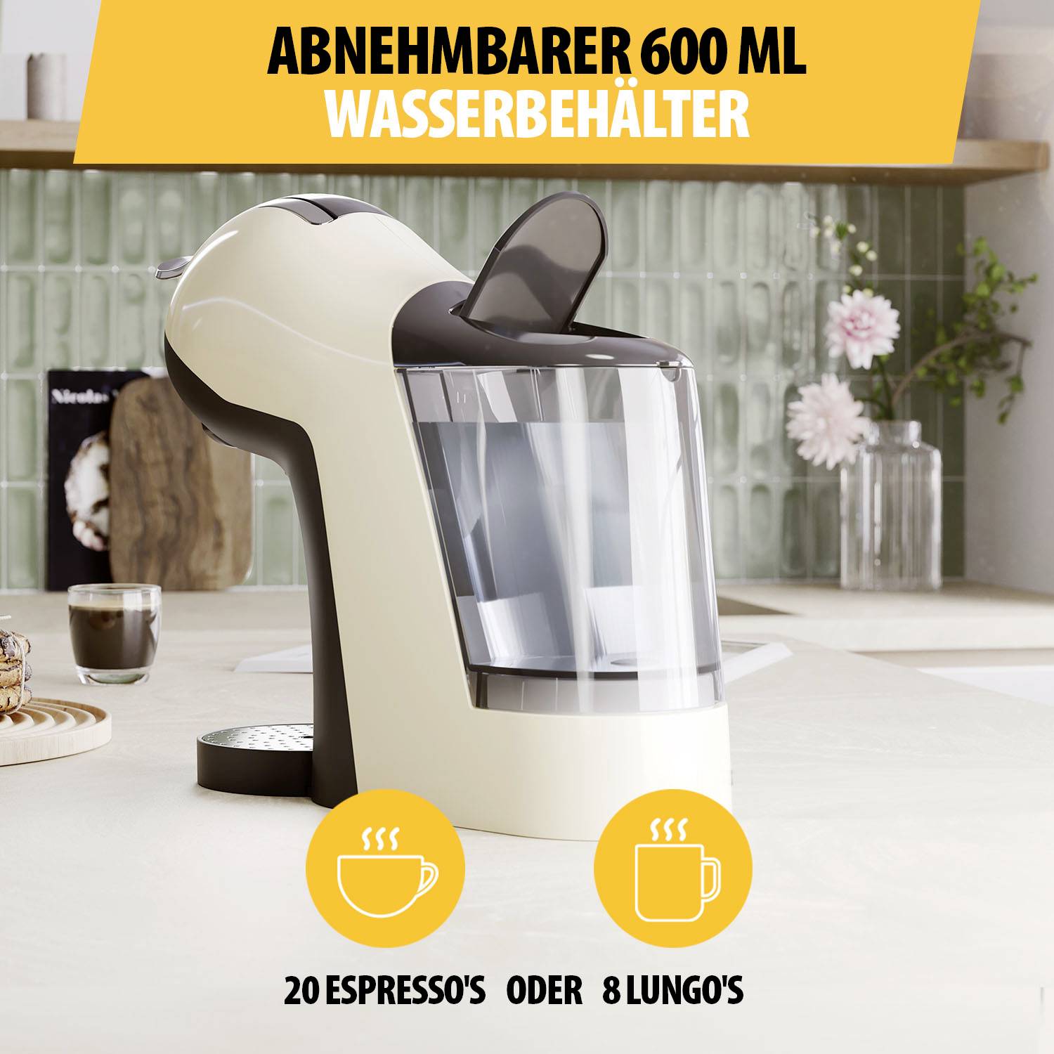 Espresso automat s odnímatelnou 600ml nádržkou na vodu. Zobrazuje symboly pro 20 espres nebo 8 lungo. V pozadí kuchyňská dekorace.