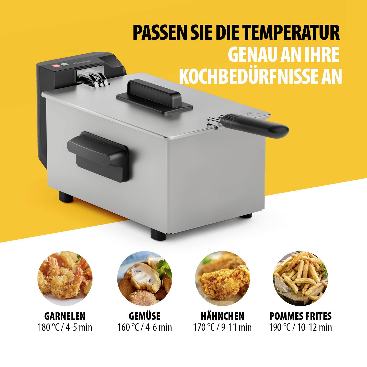Fritéza s teplotou a časem přípravy: 'Krevety 180°C 4-5 min, Zelenina 170°C 6-8 min, Kuřecí maso 170°C 9-11 min, Hranolky 190°C 6-8 min.'