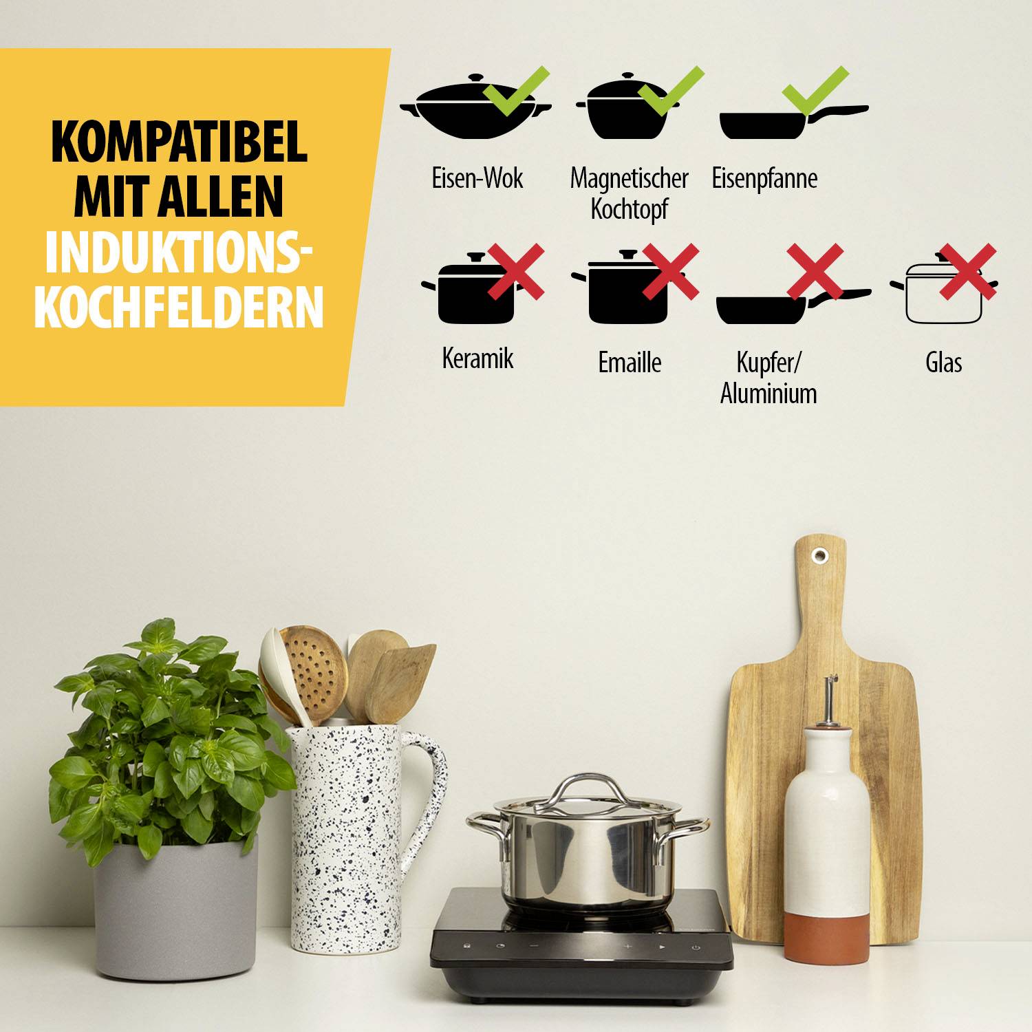 Kompatibilní s indukčními deskami: vhodné litinové a magnetické hrnce, nevhodné keramické, smaltované, měděné/hliníkové a skleněné nádobí.