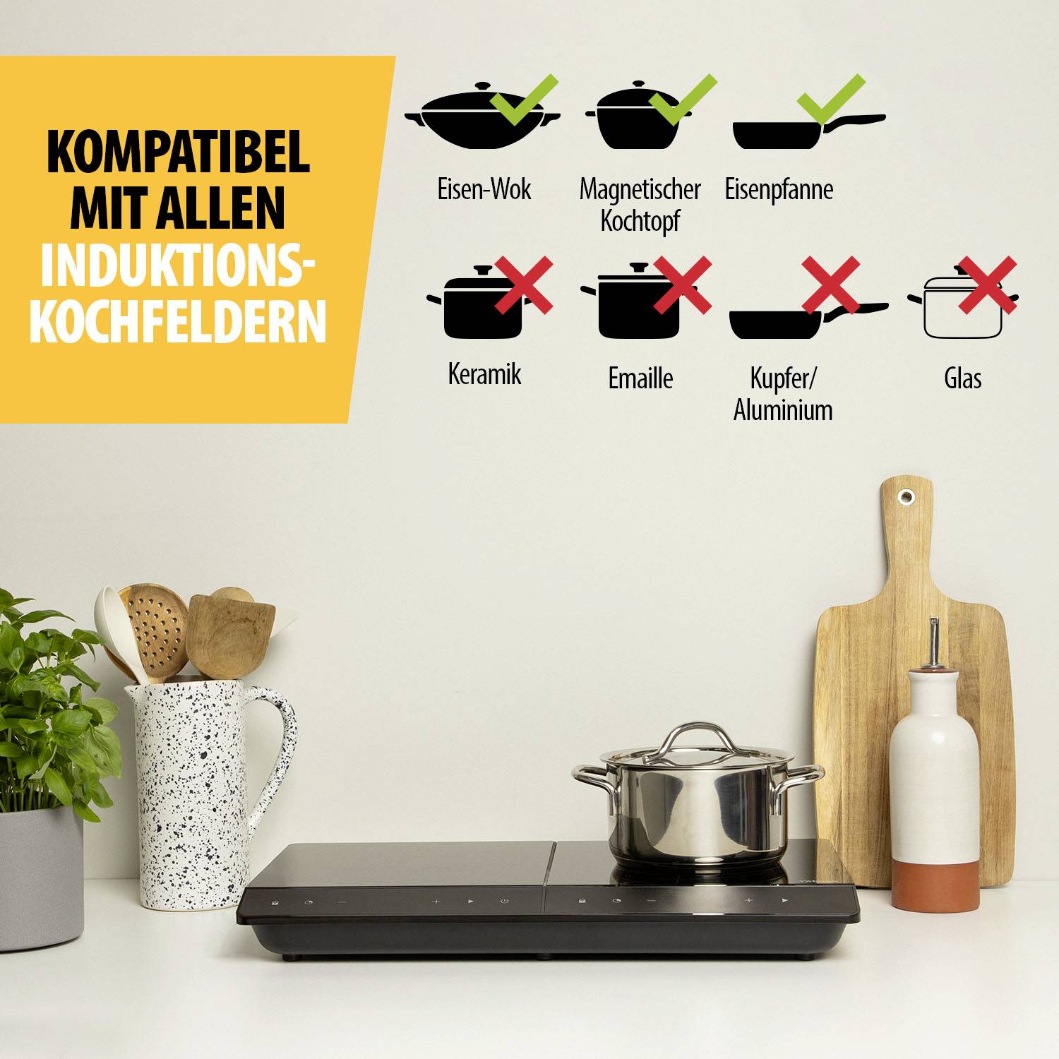 'Kompatibilní se všemi indukčními varnými deskami' zobrazuje indukční deska. Symboly ukazují kompatibilní materiály: litinový wok, magnetický hrnec, železná pánev. Nekompatibilní: keramika, měď/hliník, sklo.
